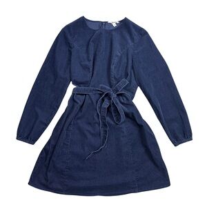 Boden Harriet Cord Dress Women US 12 P Blue Pockets Long Balloon Sleeve Cotton